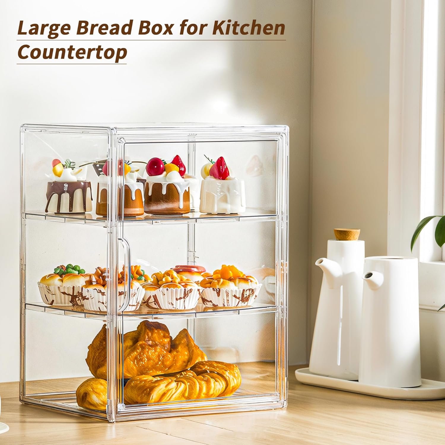 OEM Large 3-Tier Adjustable Pastry Display Case Bread Box Clear Storage with Magnetic Door for Kitchen Countertop Bagels Donuts Factory