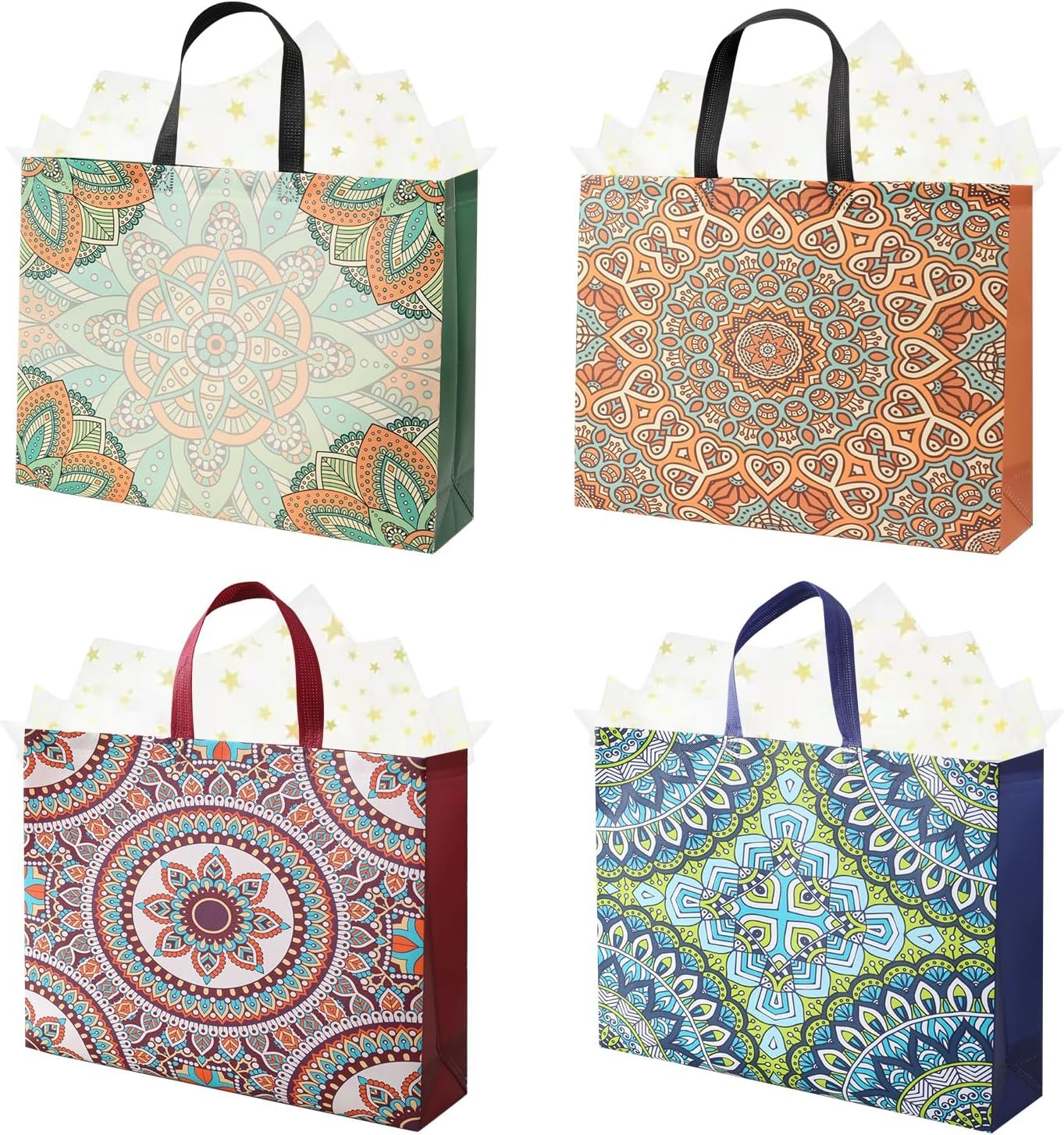 4 Pack 12.5" Gift Bags Medium Size - Includes Tissue Paper & Cards, Reusable Non-Woven Gift Bags with handles for Birthday, Party, Baby Shower, Wedding, Bridal Shower, Anniversary 12.5in×11in×3.9in