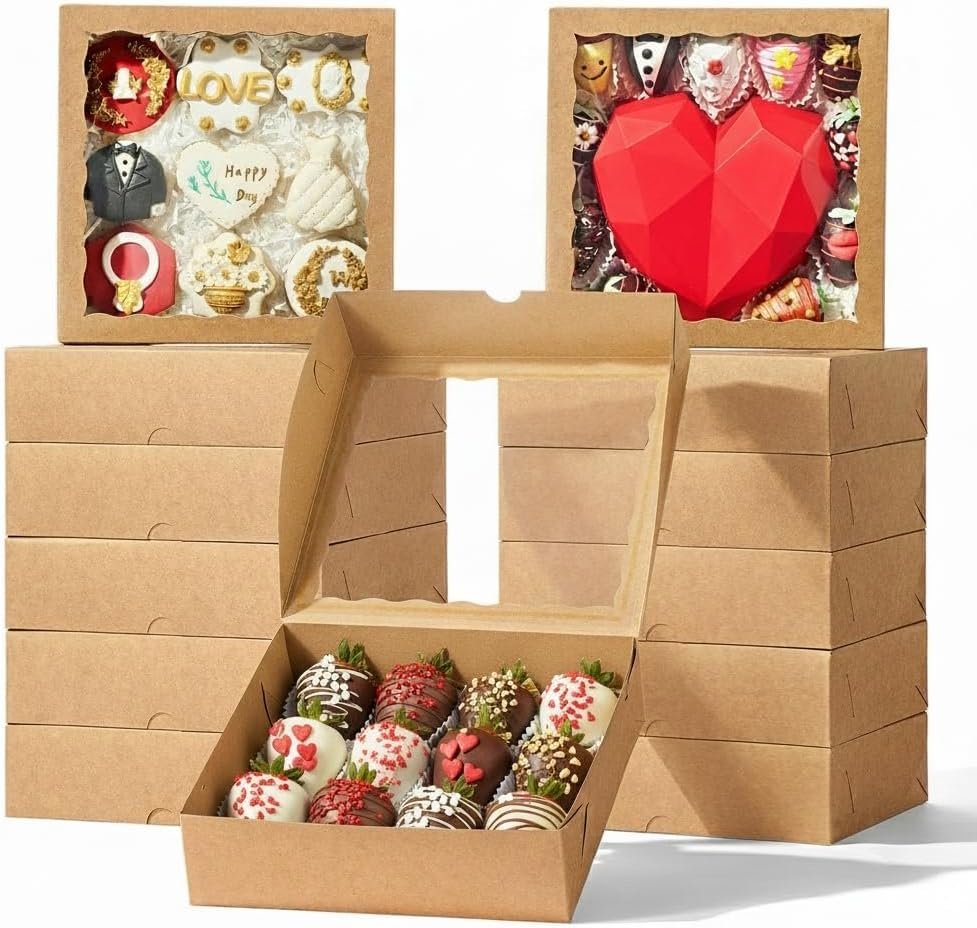 6PCS 9x9x2.5 Inches Brown Bakery Boxes with Window, Pastry Box for Chocolate Strawberries, Macarons, Truffles, Perfect for Thanksgiving Day, Mother's Day, Christmas Party Favors & Holiday