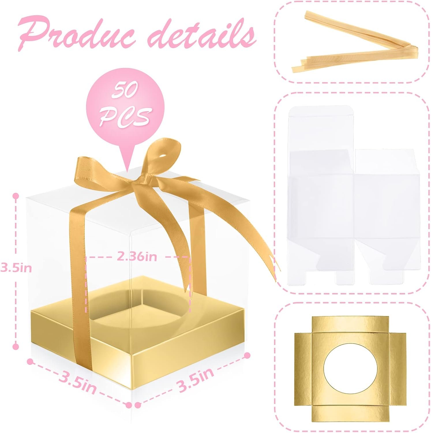 Wholesale 50 Clear Individual 3.5-Inch Cupcake Boxes Plastic Single Containers with Inserts and Ribbon for Cake Storage Holders Kitchen Gold Factory