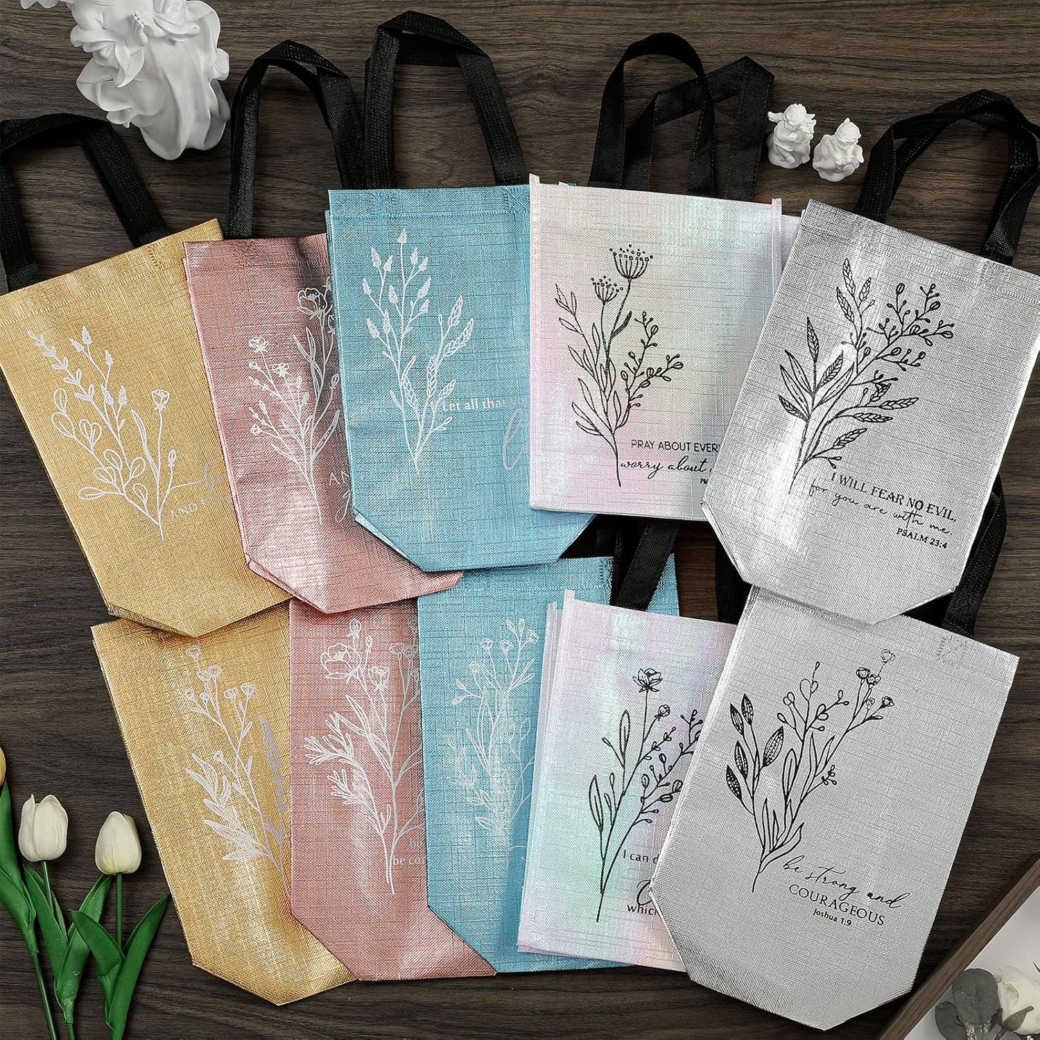 Wholesale 60 Pcs Reusable Non-Woven Christian Gift Bags Medium Floral Bible Verse Church Welcome Totes with Handles for Holiday Easter Sunday School Religious Events (Mild Colors) Factory