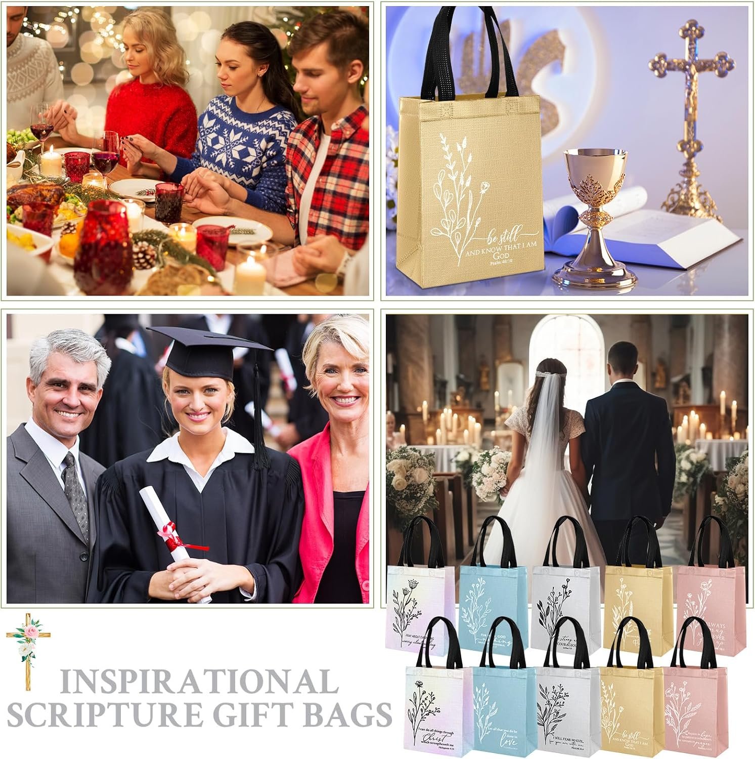 Wholesale 60 Pcs Reusable Non-Woven Christian Gift Bags Medium Floral Bible Verse Church Welcome Totes with Handles for Holiday Easter Sunday School Religious Events (Mild Colors) Factory