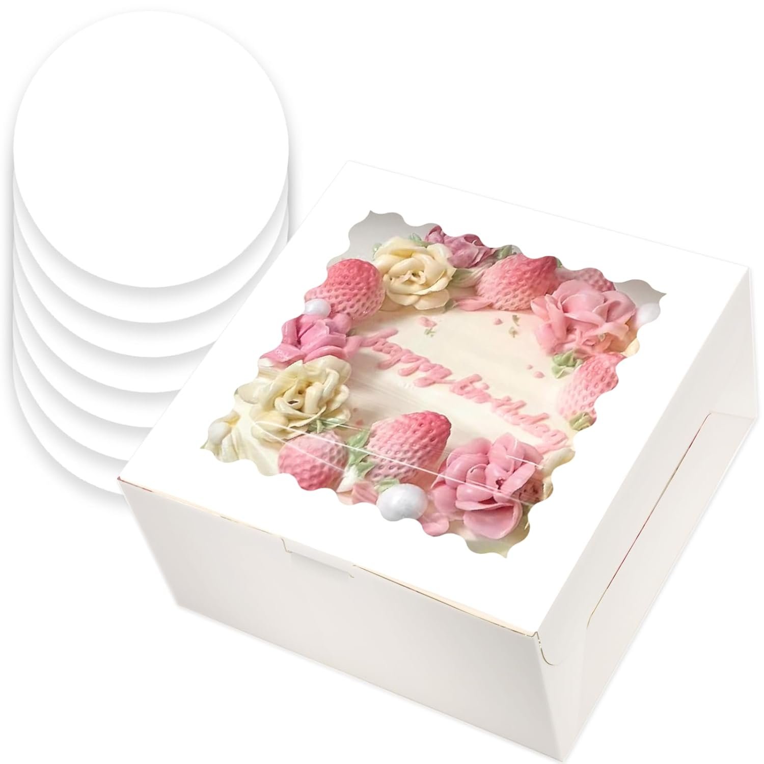 qiqee 10x10x5 Cake Box, 4 Sets White Cake Box with Window ＆ 4 Sets 10" White Cake Round Boards, 10inch Cake Containers