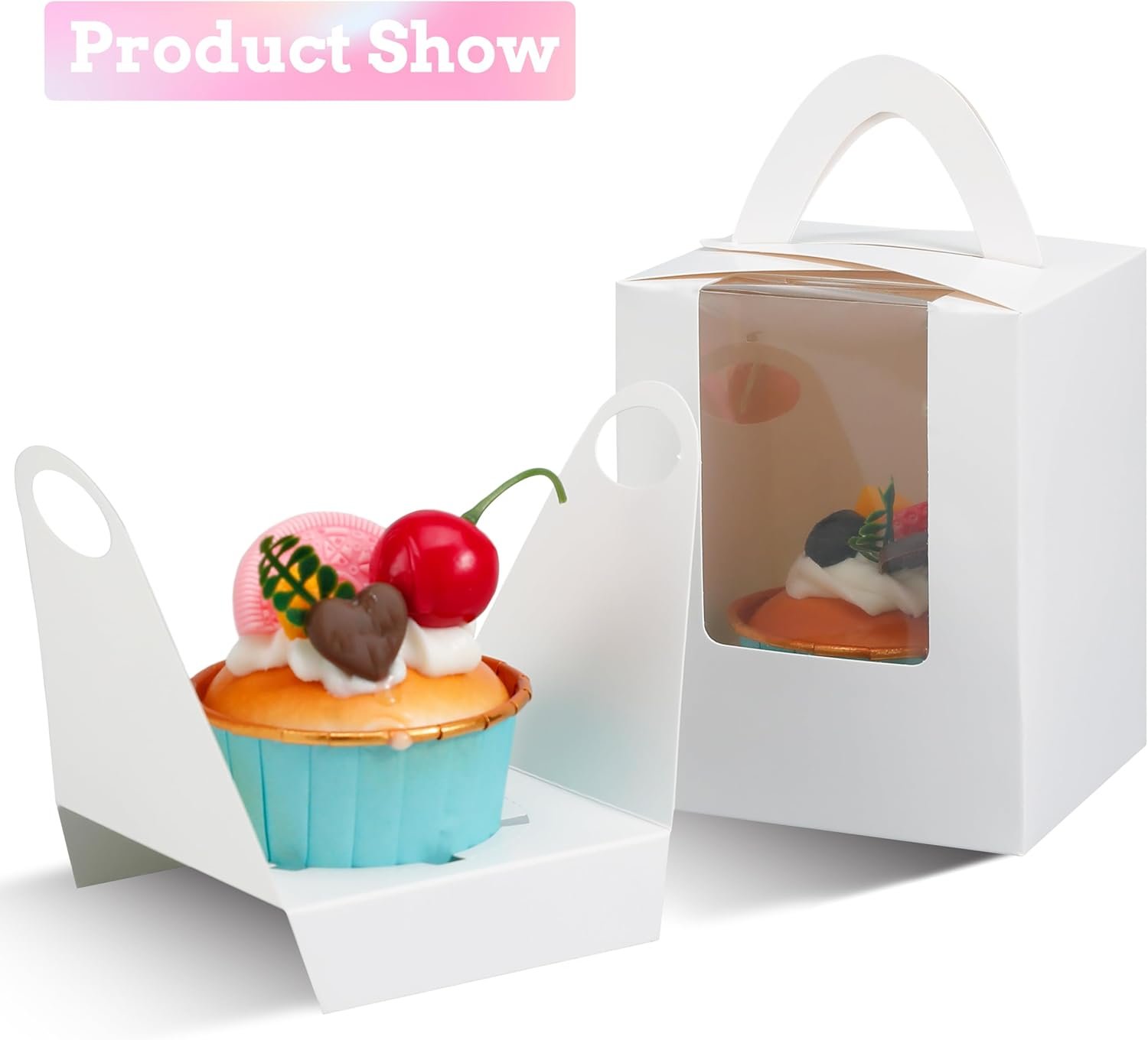 Wholesale 60 Packs White Cupcake Boxes with Window Inserts Handles 3.5x3.5x4.5 Inch Portable Individual Cardboard Containers for Cookies Donuts Candy Muffins Includes Stickers Factory