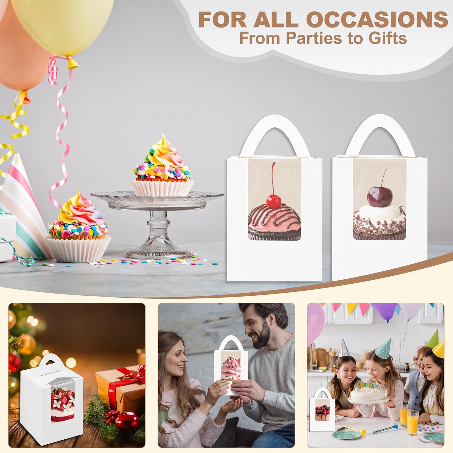 Wholesale 60 Packs White Cupcake Boxes with Window Inserts Handles 3.5x3.5x4.5 Inch Portable Individual Cardboard Containers for Cookies Donuts Candy Muffins Includes Stickers Factory