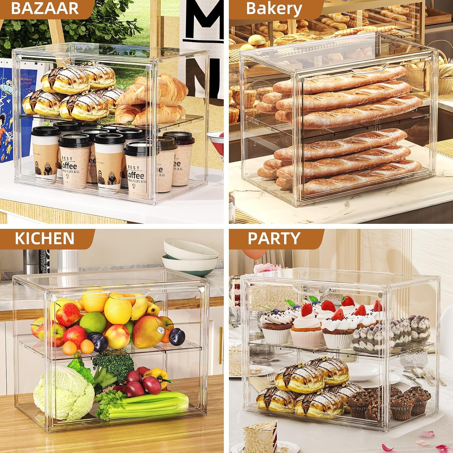 OEM 2-Tier Pastry Display Case Acrylic Bread Box with Magnetic Door for Kitchen Countertop Large Bakery Container for Breads Muffins 15.3 x 9.8 x 11.4 Inches Factory