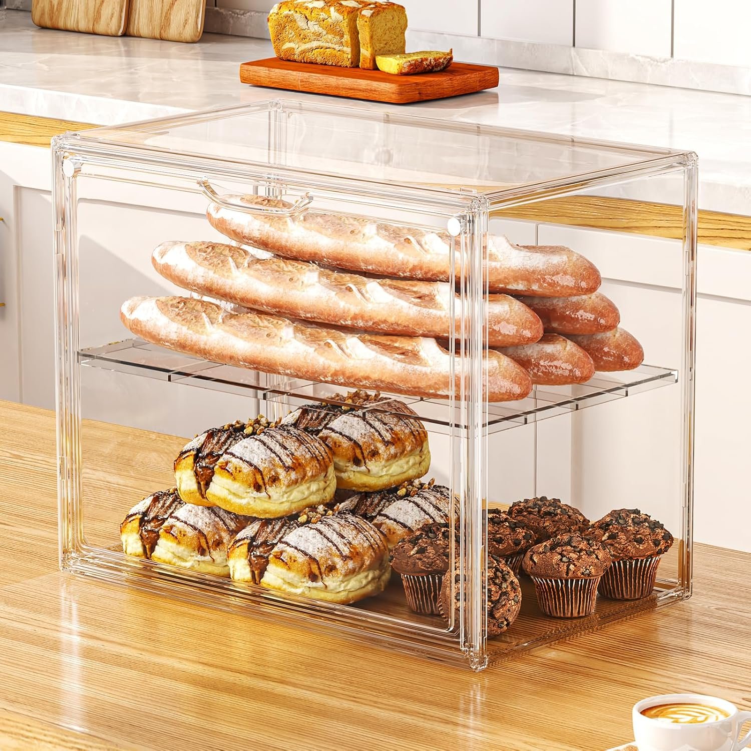 OEM 2-Tier Pastry Display Case Acrylic Bread Box with Magnetic Door for Kitchen Countertop Large Bakery Container for Breads Muffins 15.3 x 9.8 x 11.4 Inches Factory