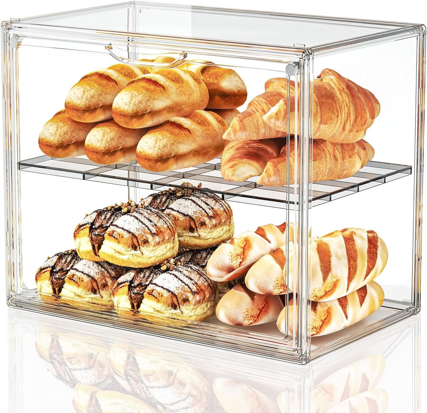 JOYZAN Pastry Display Case, 2 Tier Bread Box for Kitchen Countertop, Acrylic Bread Container with Magnetic Door, Large Bakery Display case for Breads & Muffins 15.3" L x 9.8" W x 11.4" H
