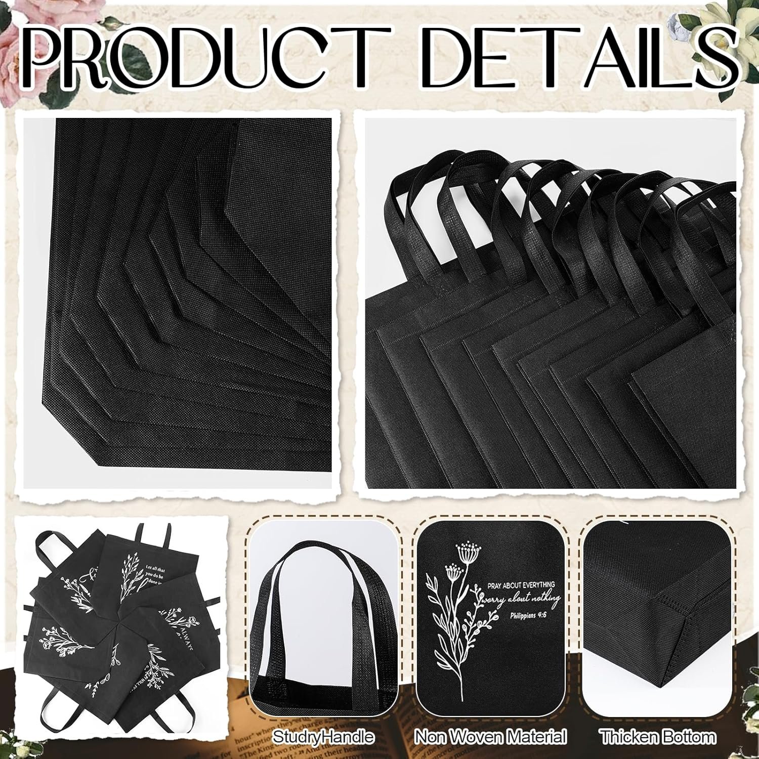 Wholesale 50 Pcs Large Reusable Non-Woven Christian Bible Verse Pastor Tote Bags with Handles Church Valentines Party Favor Black Factory