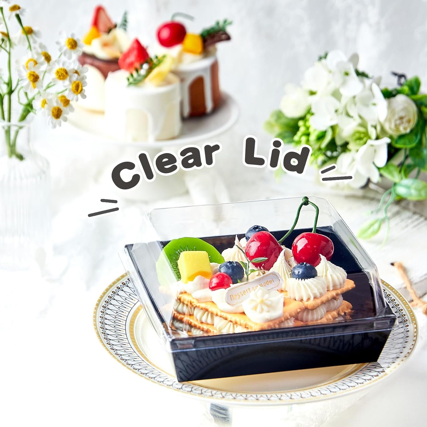 Wholesale 50-Pack 5-Inch Small Charcuterie Boxes Clear Lids Disposable Paper Dessert Bakery Containers Cookies Cupcakes Slice Cakes Strawberries Black Factory