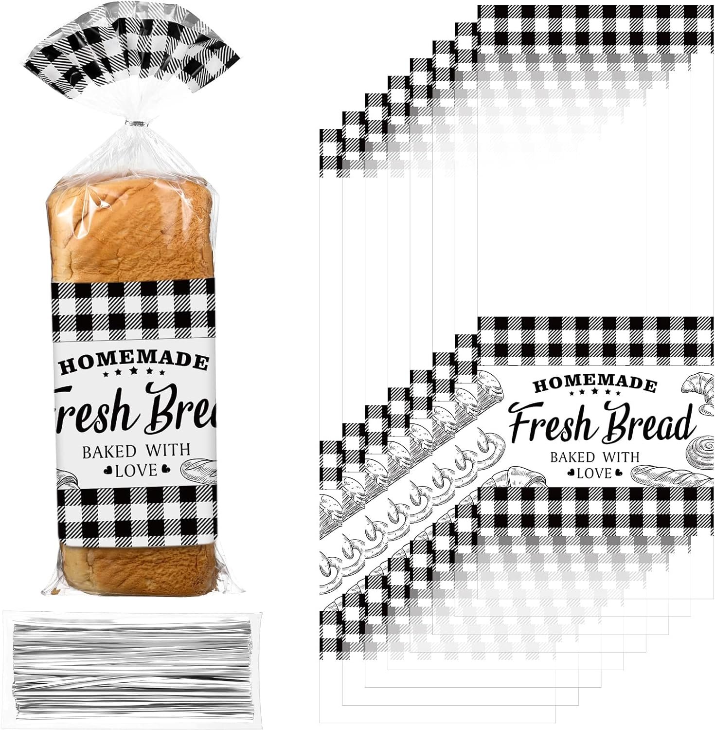 Sabary 50 Pcs Homemade Bread Bags with Ties Black Buffalo Plaid Bread Loaf Bags Plastic Clear Gift Storage for Home Bakers Bakery Christmas, 10 x 20 Inch