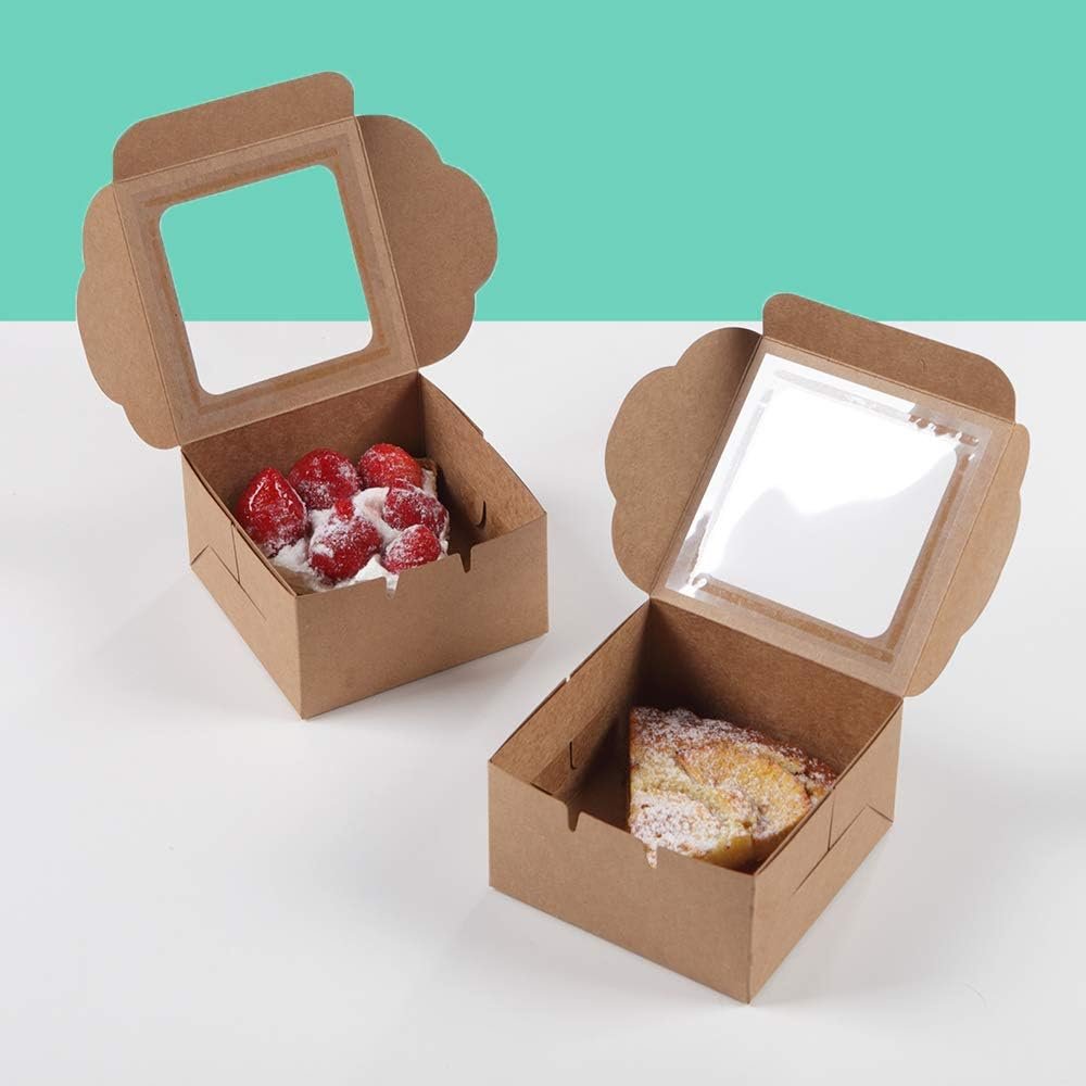 Wholesale Kraft Paper Bakery Boxes 25-Pack 4 x 2.3 x 4 Inch Single Pastry Containers with Clear Display Window for Donuts Mini Cakes Pie Slices Desserts Disposable Brown Take-Out Packaging supplier