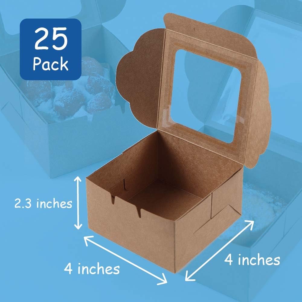 Wholesale Kraft Paper Bakery Boxes 25-Pack 4 x 2.3 x 4 Inch Single Pastry Containers with Clear Display Window for Donuts Mini Cakes Pie Slices Desserts Disposable Brown Take-Out Packaging supplier