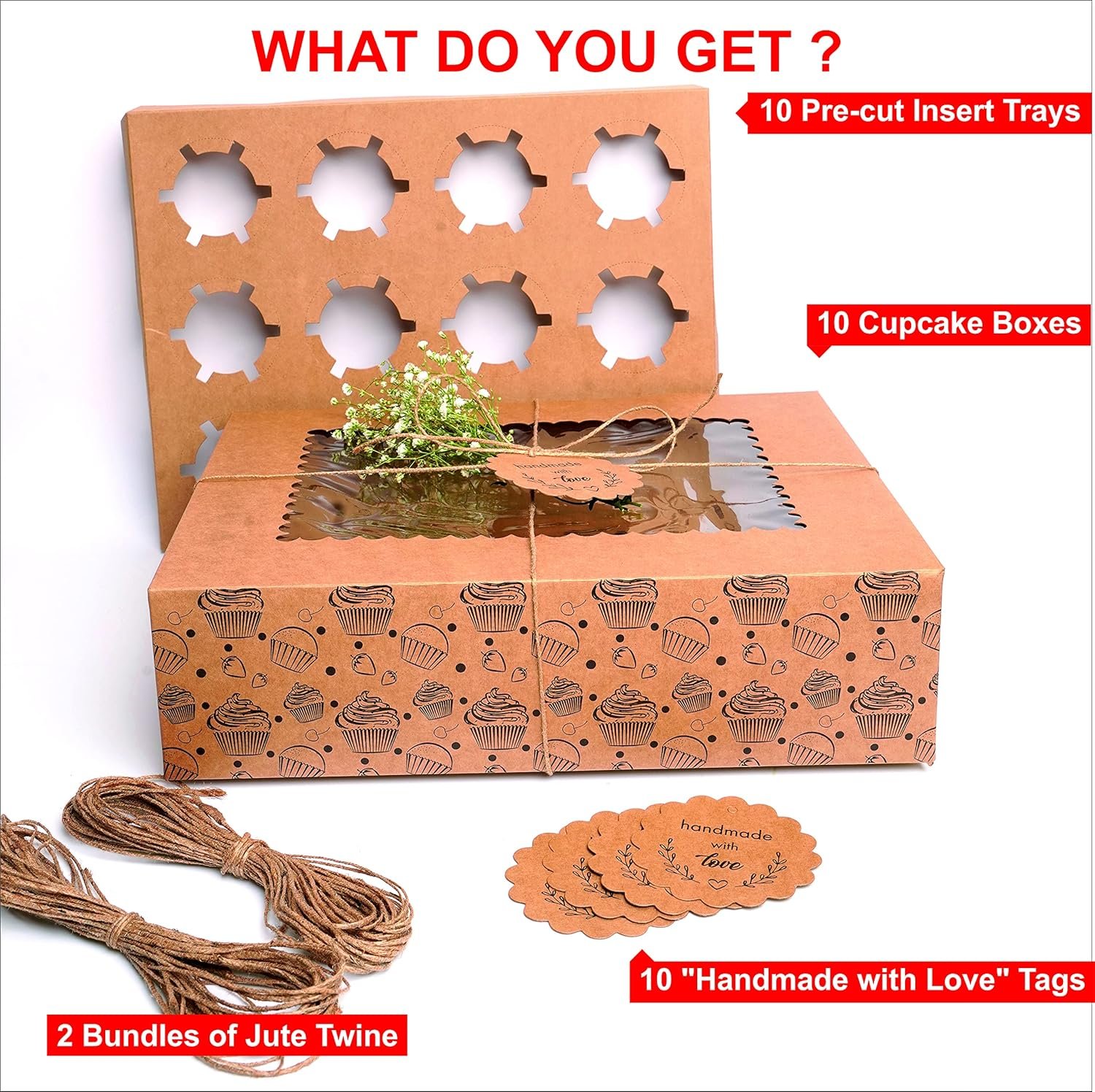 Wholesale 10-Pack Bulk Cupcake Boxes with Lids | Disposable Food Grade Kraft Holders with Window for 12 Cupcakes Cookies Muffins Pastries Long Treats Factory