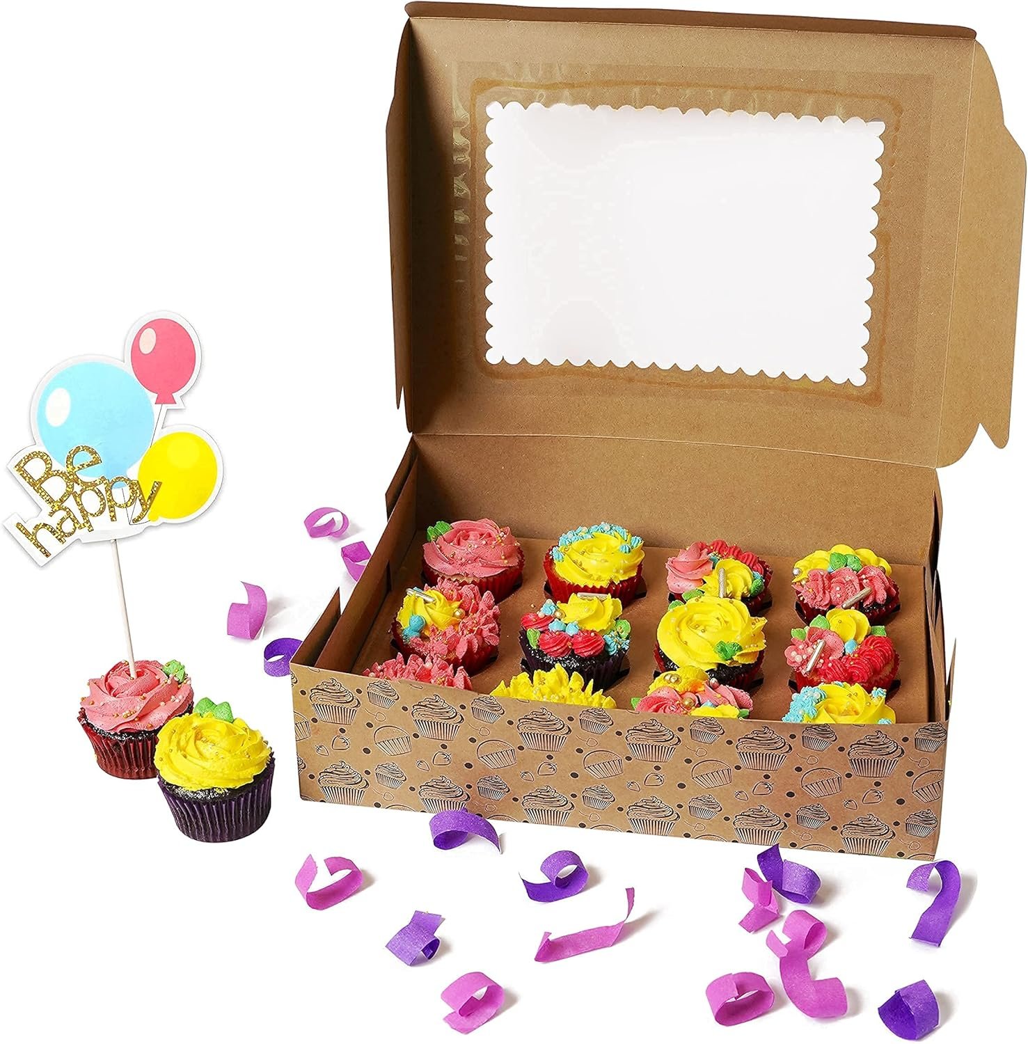 Wholesale 10-Pack Bulk Cupcake Boxes with Lids | Disposable Food Grade Kraft Holders with Window for 12 Cupcakes Cookies Muffins Pastries Long Treats Factory