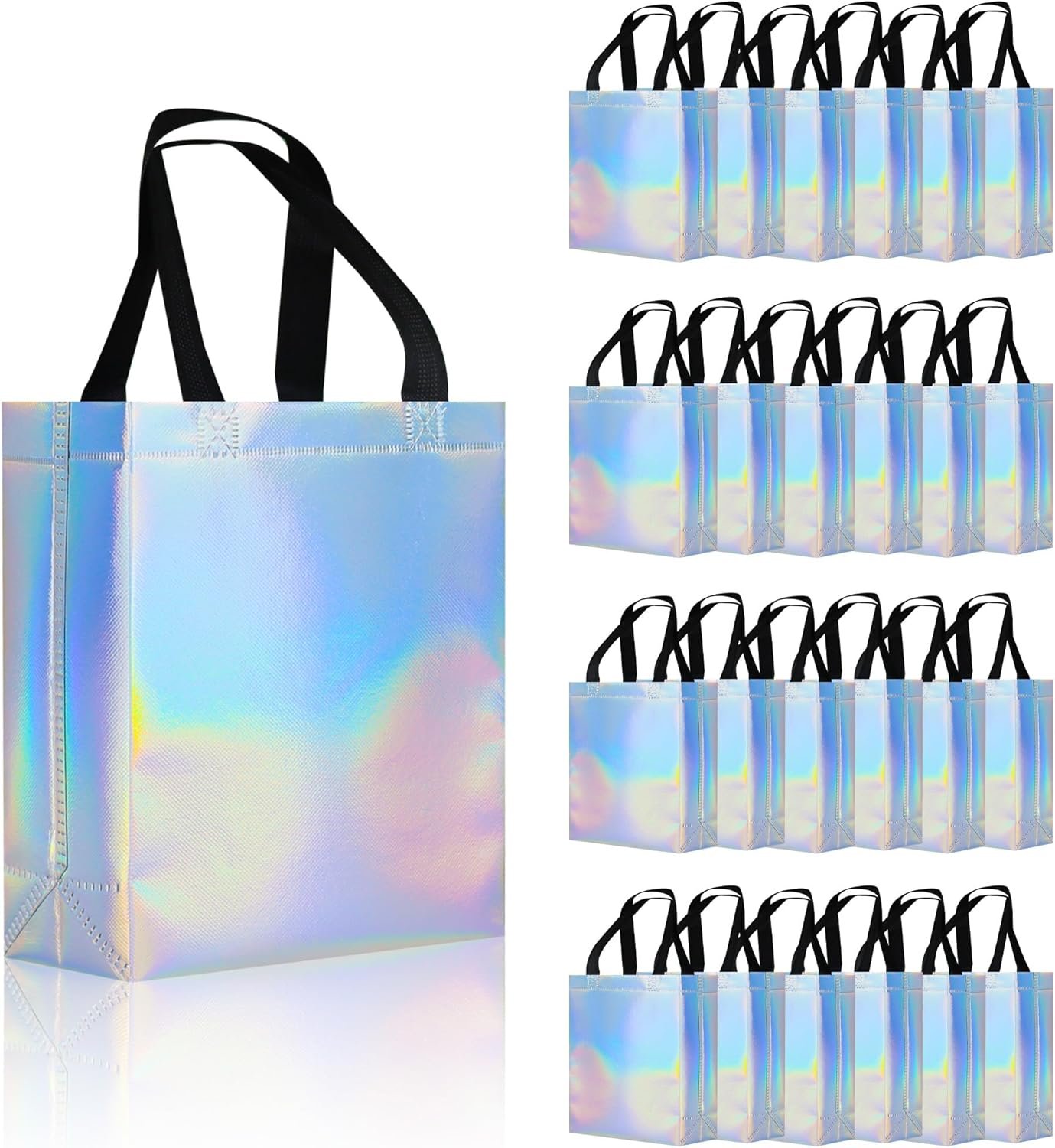 cabzymx Iridescent Small Gift Bags with Handles, 25 Pcs Non-woven Party Bags for Present, Reusable Goodie Bag Bulk for Party, Birthday, Wedding- 8 x 3.9 x 9.8 In