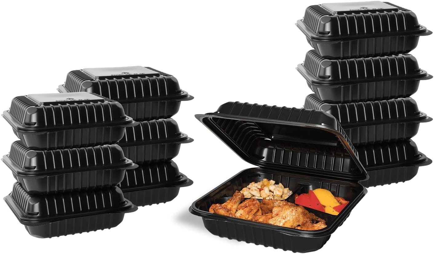 Wholesale 8x8 Inch 3-Compartment Clamshell Takeout Food Containers 250 Count Durable Microwavable Stackable Crack-Resistant Black To Go Boxes Factory