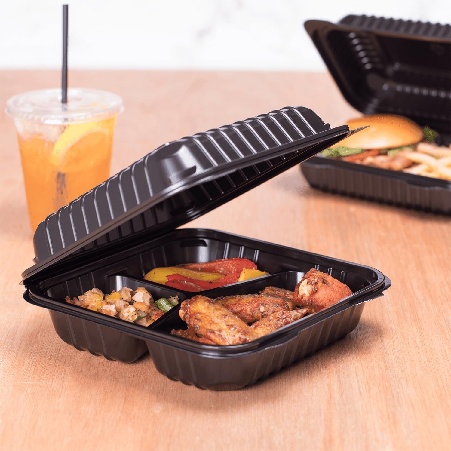 Wholesale 8x8 Inch 3-Compartment Clamshell Takeout Food Containers 250 Count Durable Microwavable Stackable Crack-Resistant Black To Go Boxes Factory