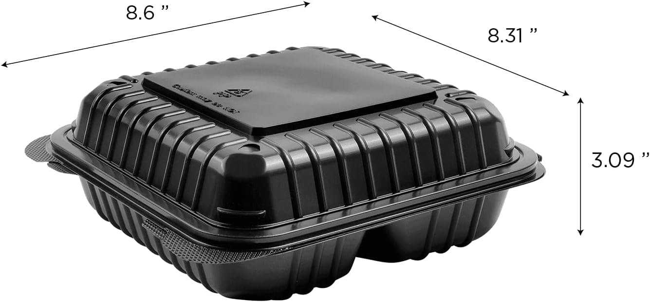 Wholesale 8x8 Inch 3-Compartment Clamshell Takeout Food Containers 250 Count Durable Microwavable Stackable Crack-Resistant Black To Go Boxes Factory