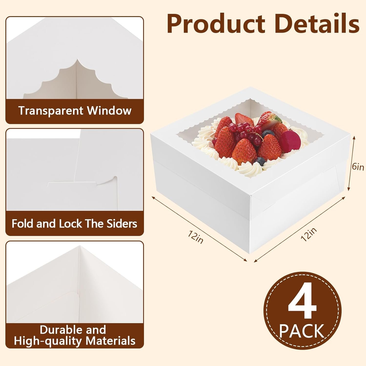 Wholesale 12x12x6 Inch Square Cake Boxes Bulk 4 Pack with Window Lids Disposable Bakery Containers for Cookies Large Pastries Valentine's Easter Mother's Day Factory Wholesale 12x12x6 Inch Square Cake Boxes Bulk 4 Pack with Window Lids Disposable Bakery Containers for Cookies Large Pastries Valentine's Easter Mother's Day Factory