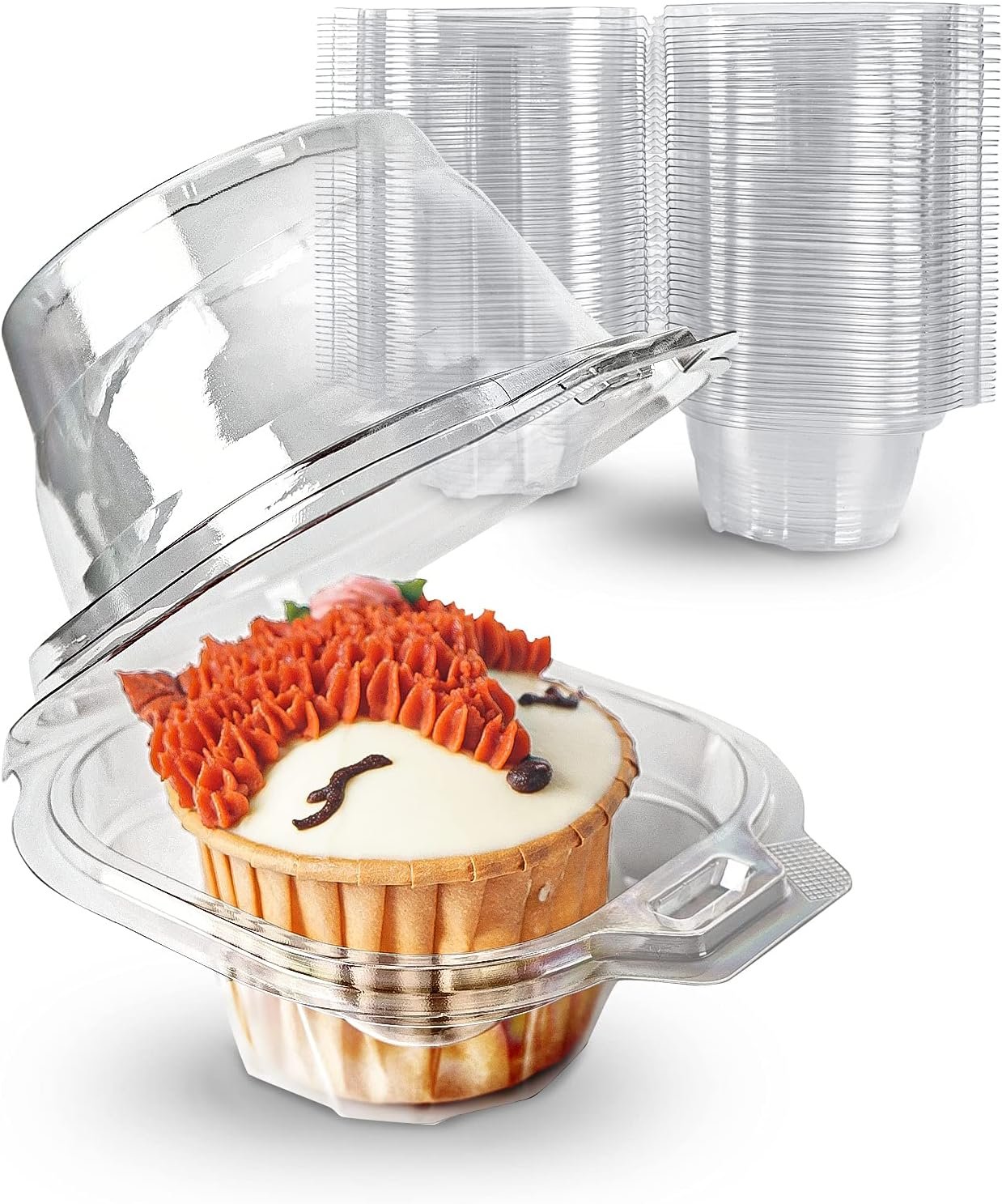 100 Packs Individual Cupcake Containers Stackable Single Compartment Cupcake Disposable Carrier Holder Box Deep Dome Clear Plastic BPA-free (100 PCs)