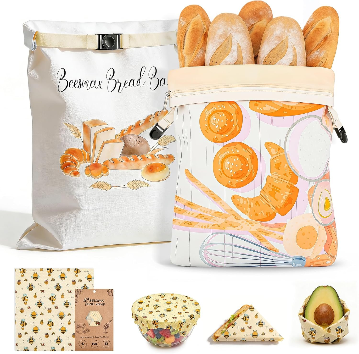 Beeswax Bread Bags for Sourdough and Homemade Bread - 2 Pack XL Cotton Storage Bags with Zipper & Buckle Double Seal - Includes 13x13.9" Beeswax Wrap for Bowl Cover - Reusable Produce Veggie Bag