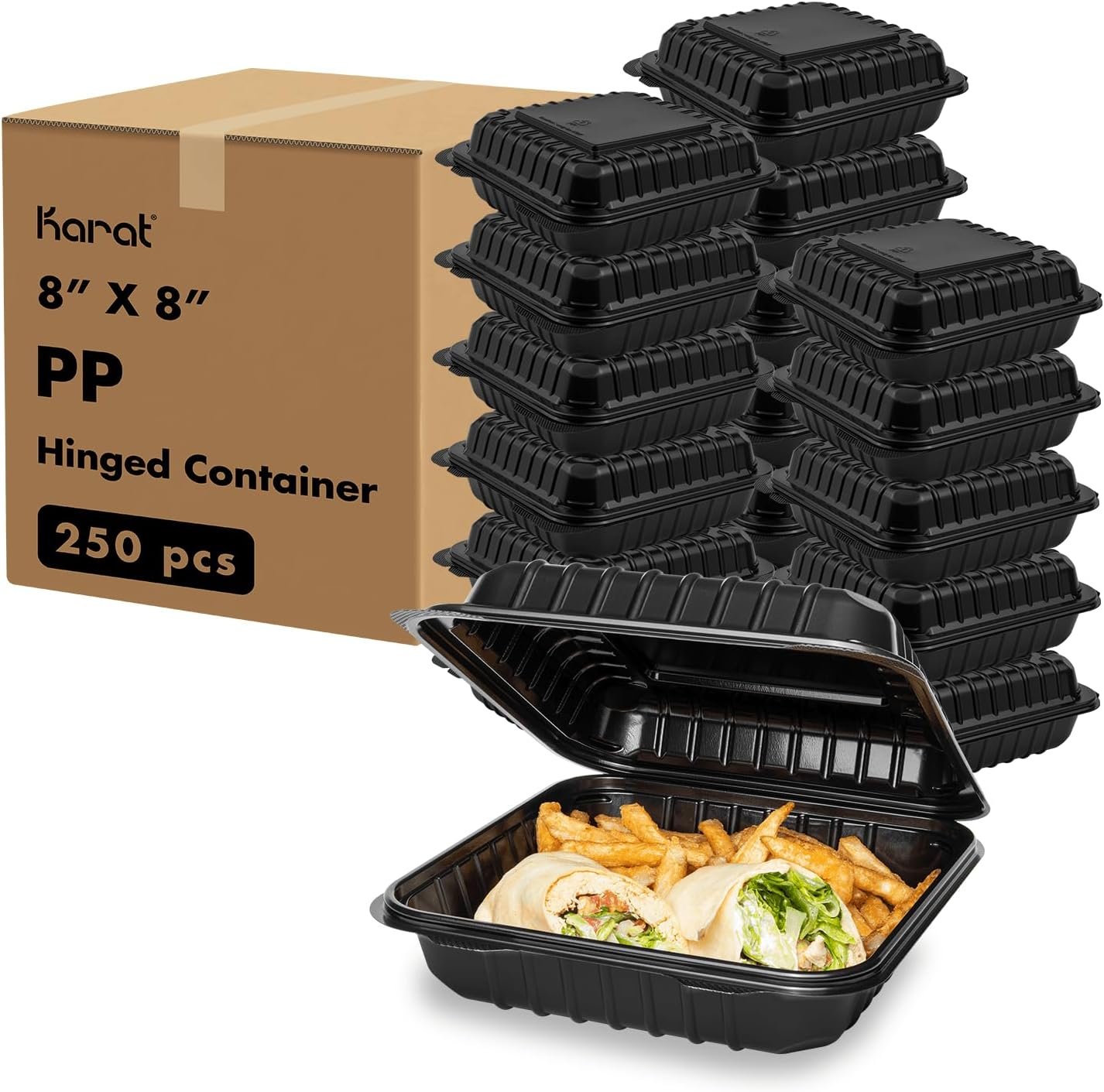 Karat 8'' x 8" Black PP Hinged Container, 1 compartment - 250 ct