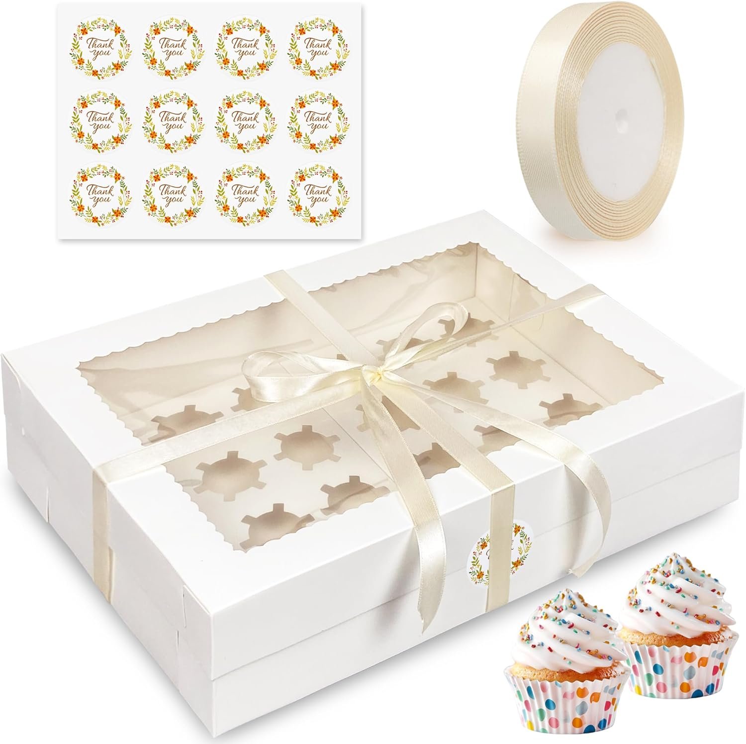 MUMULULU 6PCS Mini Cupcake Box Holds 24 Mini Cupcakes White Bakery Boxes with Window Silk Ribbon Sticker included