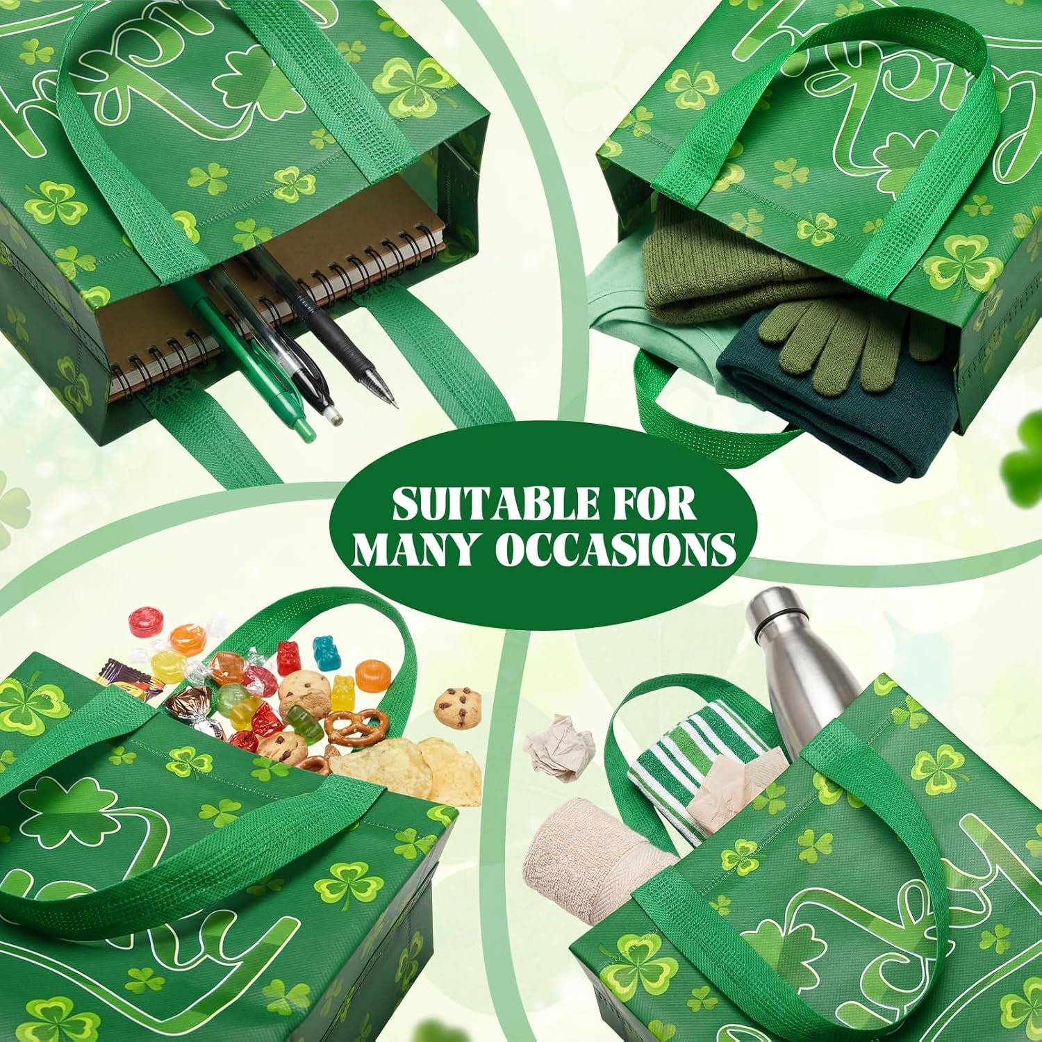 Wholesale 50 Pack Green Shamrock Reusable Tote Bags with Handles Clover Non-Woven Candy Bags for St. Patrick's Day Irish Party Decorations Factory Wholesale 50 Pack Green Shamrock Reusable Tote Bags with Handles Clover Non-Woven Candy Bags for St. Patrick's Day Irish Party Decorations Factory