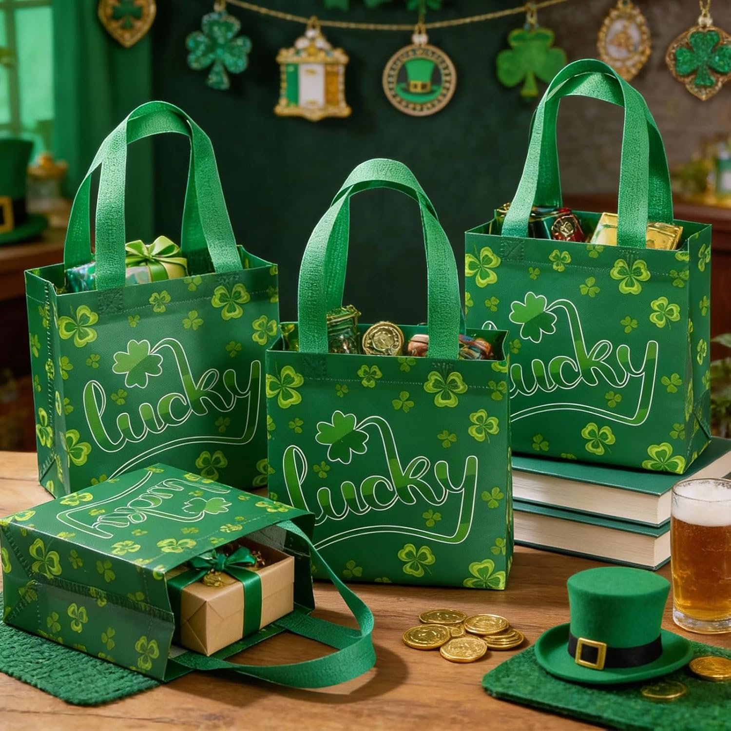 Wholesale 50 Pack Green Shamrock Reusable Tote Bags with Handles Clover Non-Woven Candy Bags for St. Patrick's Day Irish Party Decorations Factory Wholesale 50 Pack Green Shamrock Reusable Tote Bags with Handles Clover Non-Woven Candy Bags for St. Patrick's Day Irish Party Decorations Factory
