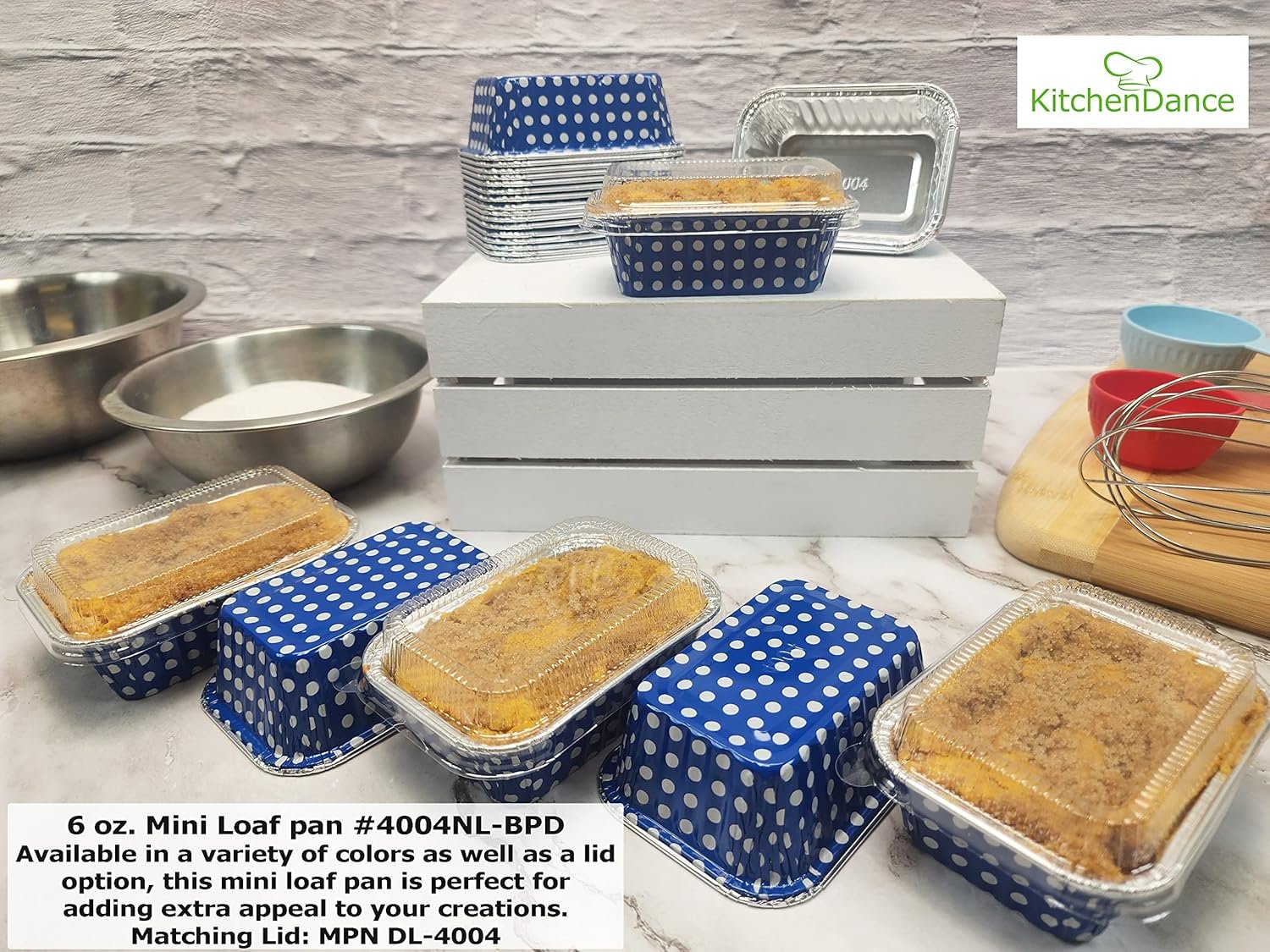Wholesale Disposable Aluminum Mini Loaf Pans 6 Ounces Rectangular Individual Baking Tins for Cakes Cobblers with Lids Blue Polka Dot 50 Pack #4004 Factory Wholesale Disposable Aluminum Mini Loaf Pans 6 Ounces Rectangular Individual Baking Tins for Cakes Cobblers with Lids Blue Polka Dot 50 Pack #4004 Factory