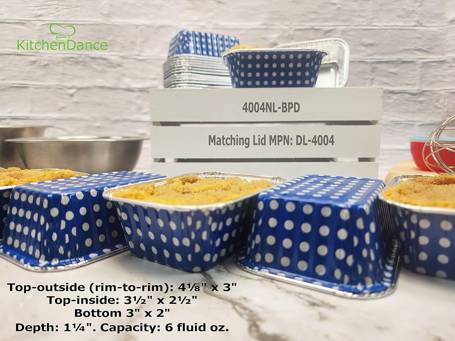 Wholesale Disposable Aluminum Mini Loaf Pans 6 Ounces Rectangular Individual Baking Tins for Cakes Cobblers with Lids Blue Polka Dot 50 Pack #4004 Factory Wholesale Disposable Aluminum Mini Loaf Pans 6 Ounces Rectangular Individual Baking Tins for Cakes Cobblers with Lids Blue Polka Dot 50 Pack #4004 Factory