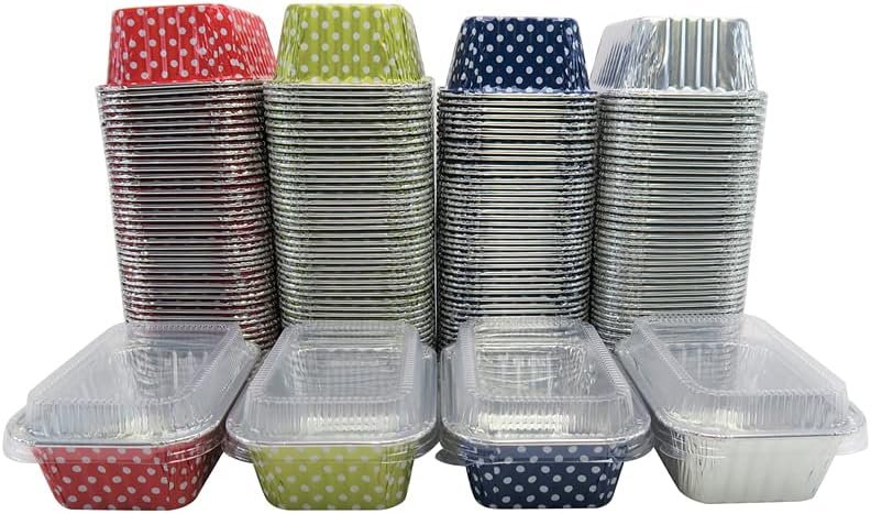 KitchenDance Disposable Aluminum Mini Loaf Pans - 6 Ounces Rectangular Individual Sized Loaf Pans, Aluminum Foil Baking Pans perfect for Cakes, Cobblers - #4004, (Blue Polka Dot- With Lids, 50)