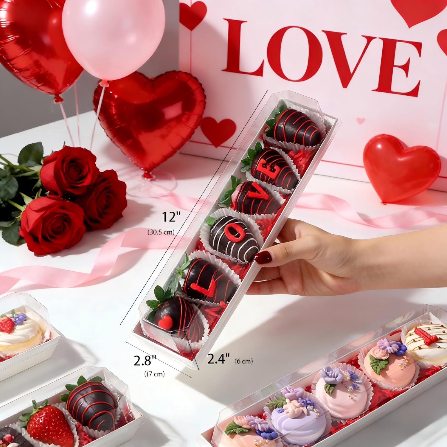 Wholesale 50 Pack 12 x 2.8 x 2.4 Inch Bakery Boxes with Clear Window Lids for Chocolate Covered Strawberries Macarons Truffles Cocoa Bombs Cookies Factory