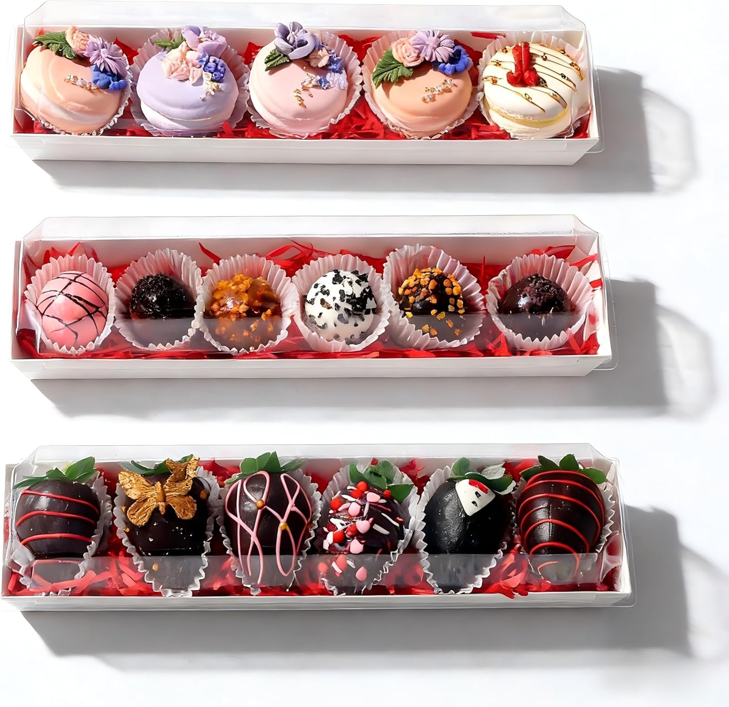 50 Pack 12 x 2.8 x 2.4 Inches Chocolate Covered Strawberries Boxes Macaron Boxes with Clear Lids 12 Inches Long Bakery boxes with Window for Chocolate truffle Cocoa Bombs,Cookies