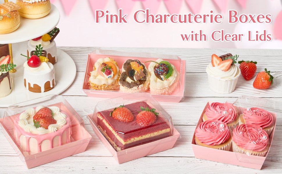 Wholesale 50 Pack 4 Inch Small Pink Paper Charcuterie Boxes with Clear Lids Disposable Square Food Containers for Desserts Strawberries Cake Slices Cookies Factory Wholesale 50 Pack 4 Inch Small Pink Paper Charcuterie Boxes with Clear Lids Disposable Square Food Containers for Desserts Strawberries Cake Slices Cookies Factory