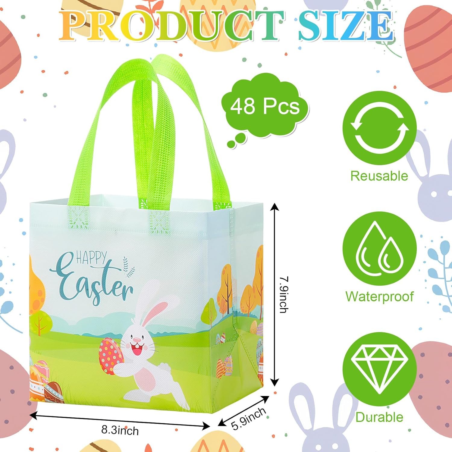 Wholesale 48 Pack Reusable Non-Woven Easter Tote Bags with Handles Large Baskets Bulk for Egg Hunt Treats Grocery Shopping Holiday Party Supplies 8.3 x 7.9 x 5.9 Inch 12 Styles Factory