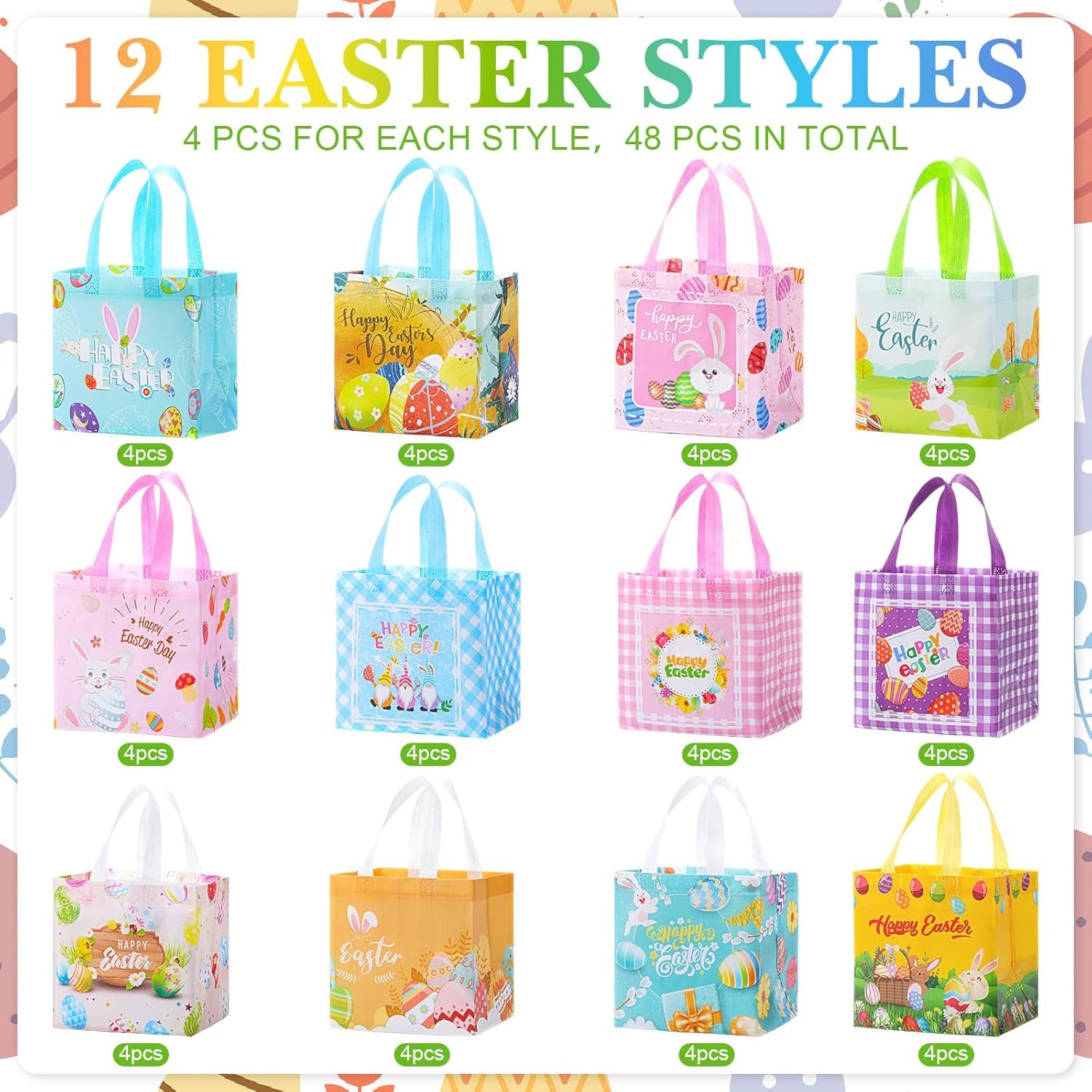 Wholesale 48 Pack Reusable Non-Woven Easter Tote Bags with Handles Large Baskets Bulk for Egg Hunt Treats Grocery Shopping Holiday Party Supplies 8.3 x 7.9 x 5.9 Inch 12 Styles Factory