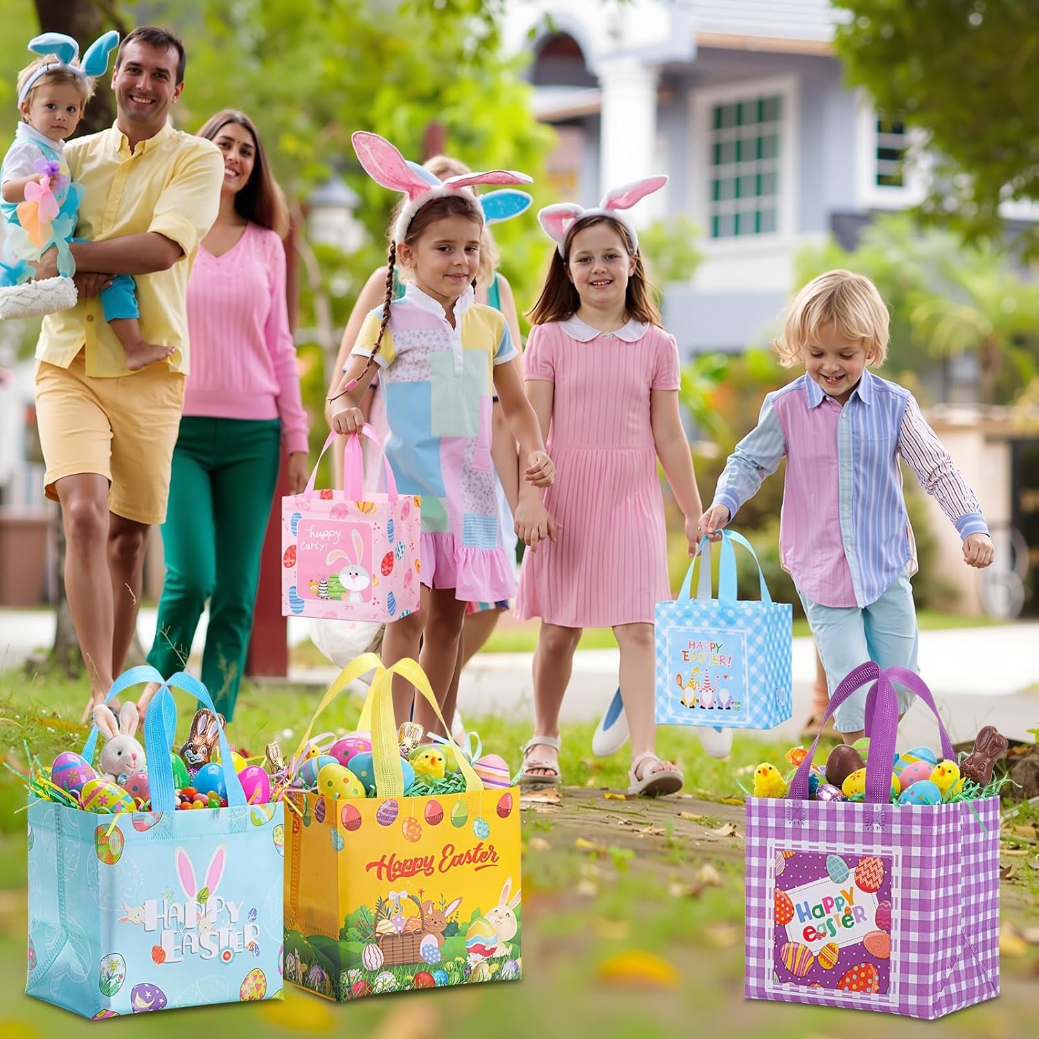 Wholesale 48 Pack Reusable Non-Woven Easter Tote Bags with Handles Large Baskets Bulk for Egg Hunt Treats Grocery Shopping Holiday Party Supplies 8.3 x 7.9 x 5.9 Inch 12 Styles Factory