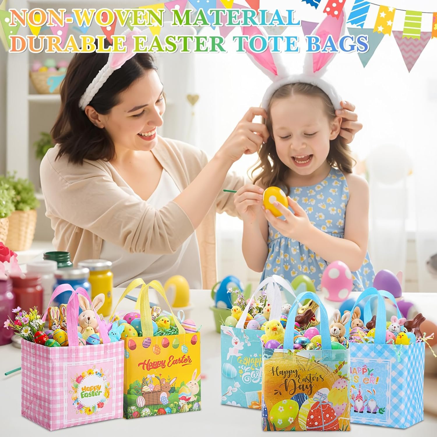 Wholesale 48 Pack Reusable Non-Woven Easter Tote Bags with Handles Large Baskets Bulk for Egg Hunt Treats Grocery Shopping Holiday Party Supplies 8.3 x 7.9 x 5.9 Inch 12 Styles Factory