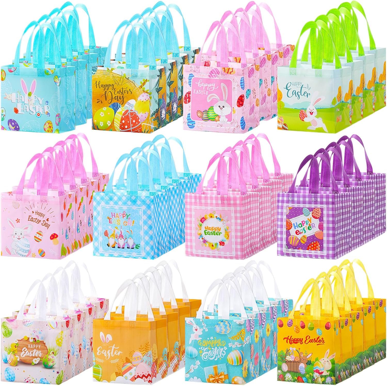 Cosblank 48 Pack Easter Bags with Handles Reusable Non-woven Easter Large Tote Bags Baskets Bulk for Egg Hunt Treats Grocery Shopping and Holiday Party Supplies, 8.3 x 7.9 x 5.9 Inch, 12 Styles