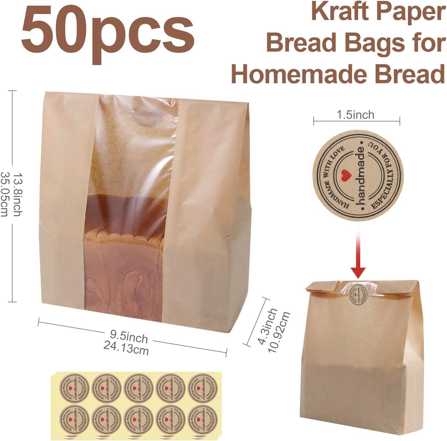 Wholesale 50 Pcs Large 13.8 x 9.5 Inch Paper Bread Bags with Window for Homemade Sourdough Toast and Gift Giving Stickers Factory