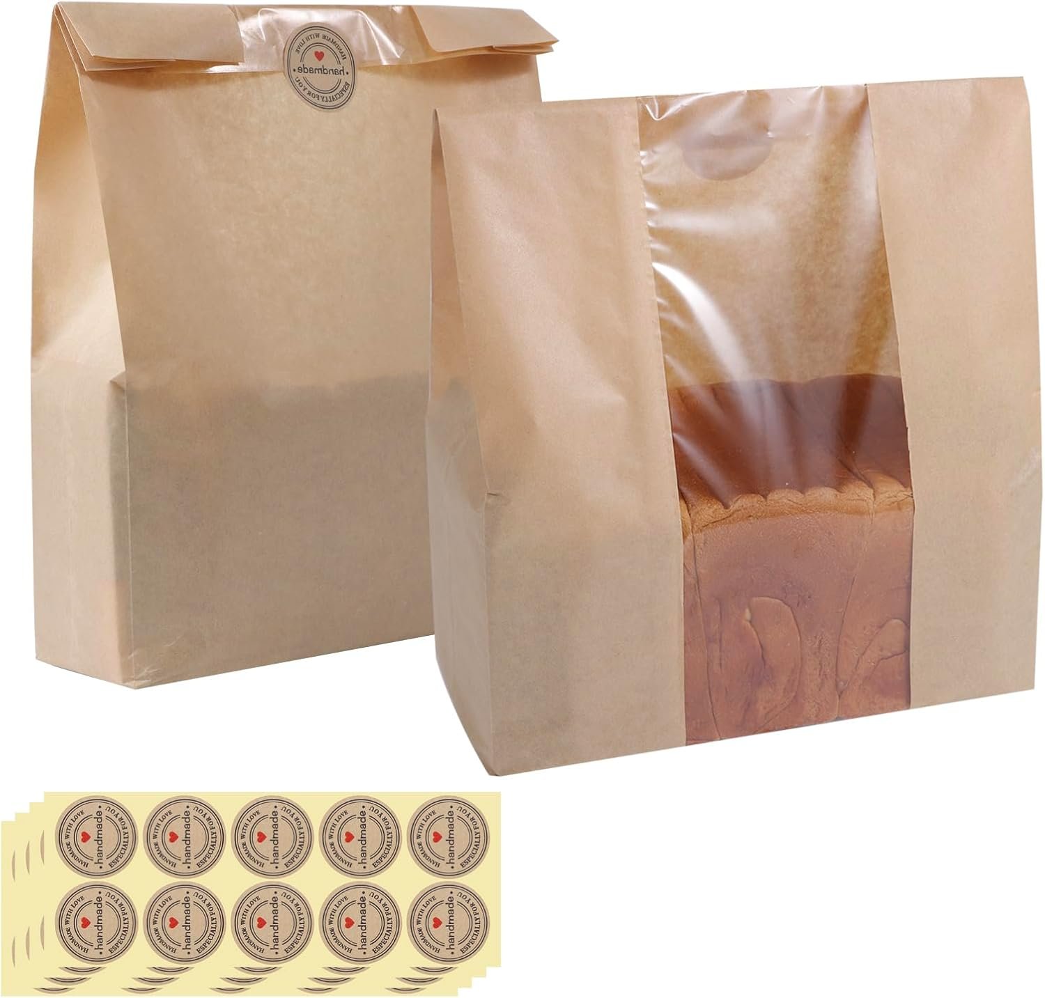 50 Pcs Bread Bags for Homemade Bread, 13.8 x 9.5 Inch Large Paper Toast Bags with Window, Sourdough Bread Bag for Gift Giving with Stickers