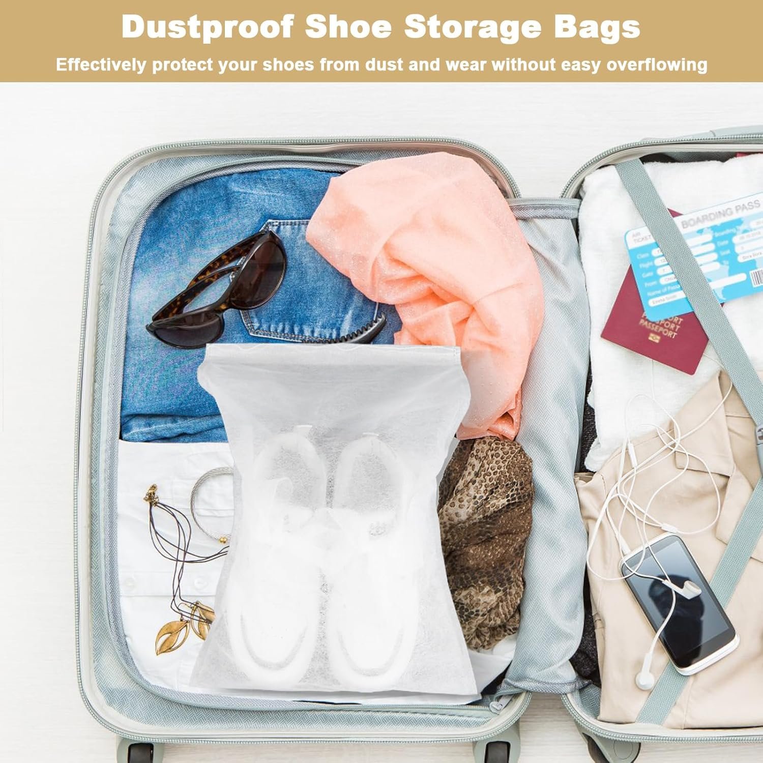 Wholesale 200 Pcs White Non-Woven Dustproof Drawstring Shoe Storage Bags (12.5” x 18.5”) Breathable Portable Travel Organizers for Shoes Boots Purses Factory Wholesale 200 Pcs White Non-Woven Dustproof Drawstring Shoe Storage Bags (12.5” x 18.5”) Breathable Portable Travel Organizers for Shoes Boots Purses Factory