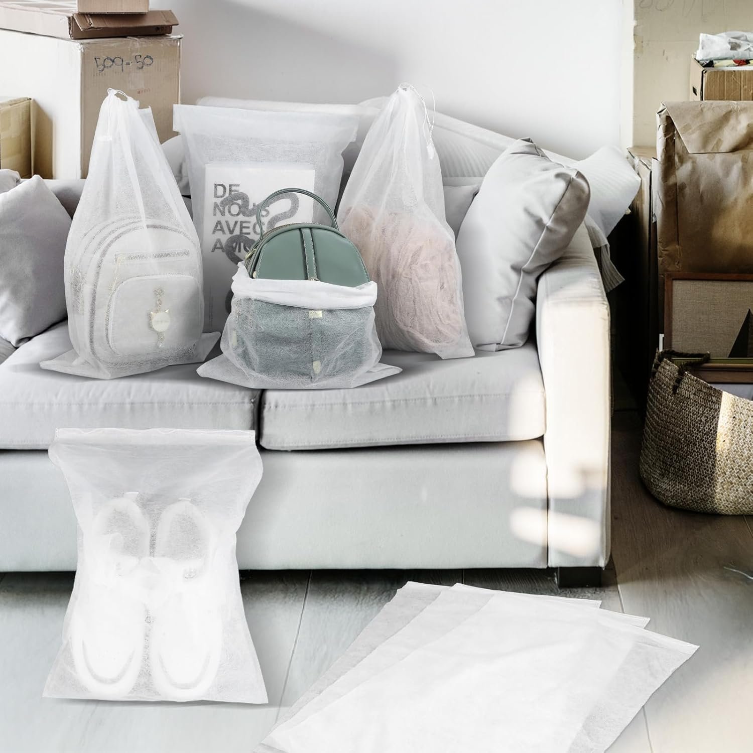 Wholesale 200 Pcs White Non-Woven Dustproof Drawstring Shoe Storage Bags (12.5” x 18.5”) Breathable Portable Travel Organizers for Shoes Boots Purses Factory Wholesale 200 Pcs White Non-Woven Dustproof Drawstring Shoe Storage Bags (12.5” x 18.5”) Breathable Portable Travel Organizers for Shoes Boots Purses Factory