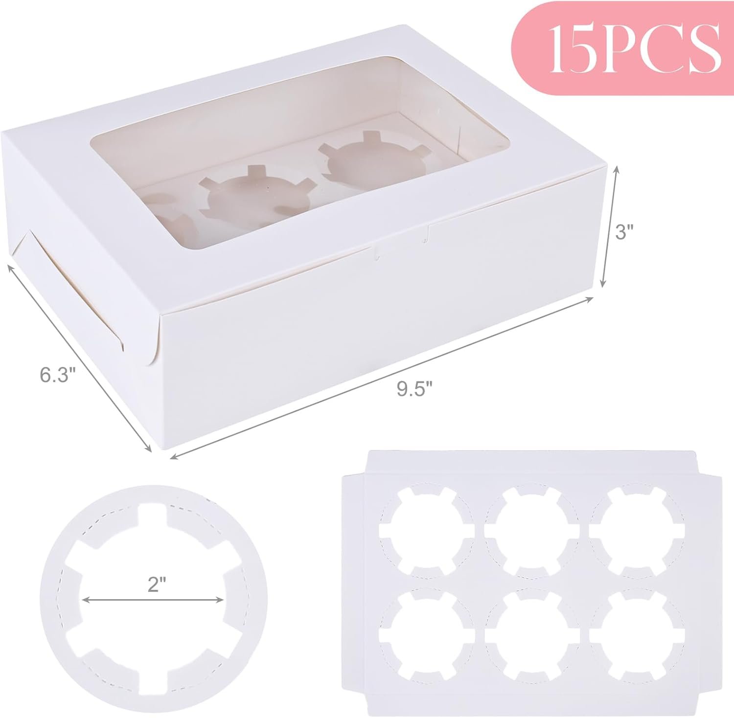 Wholesale 15 Pack White Cupcake Boxes Containers 9.5 x 6.3 x 3 Inches Holds 6 Each Total 90 Bakery Supplies for Birthday Holiday Parties Factory