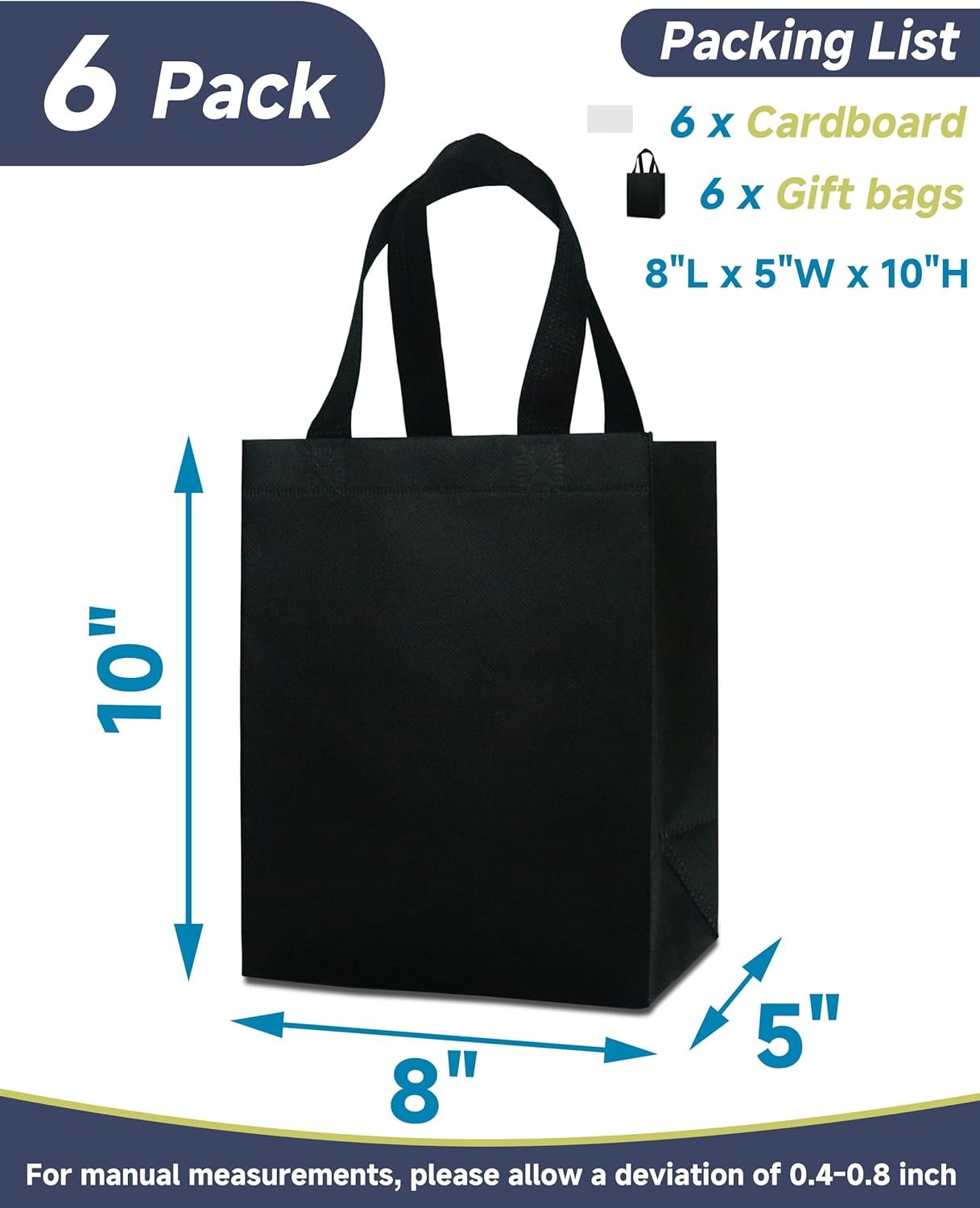 Wholesale 6 Black Sturdy Reusable Gift Bags Medium 8x5x10 with Handles Non-Woven for Weddings Father's Day Parties Birthdays Graduations Factory