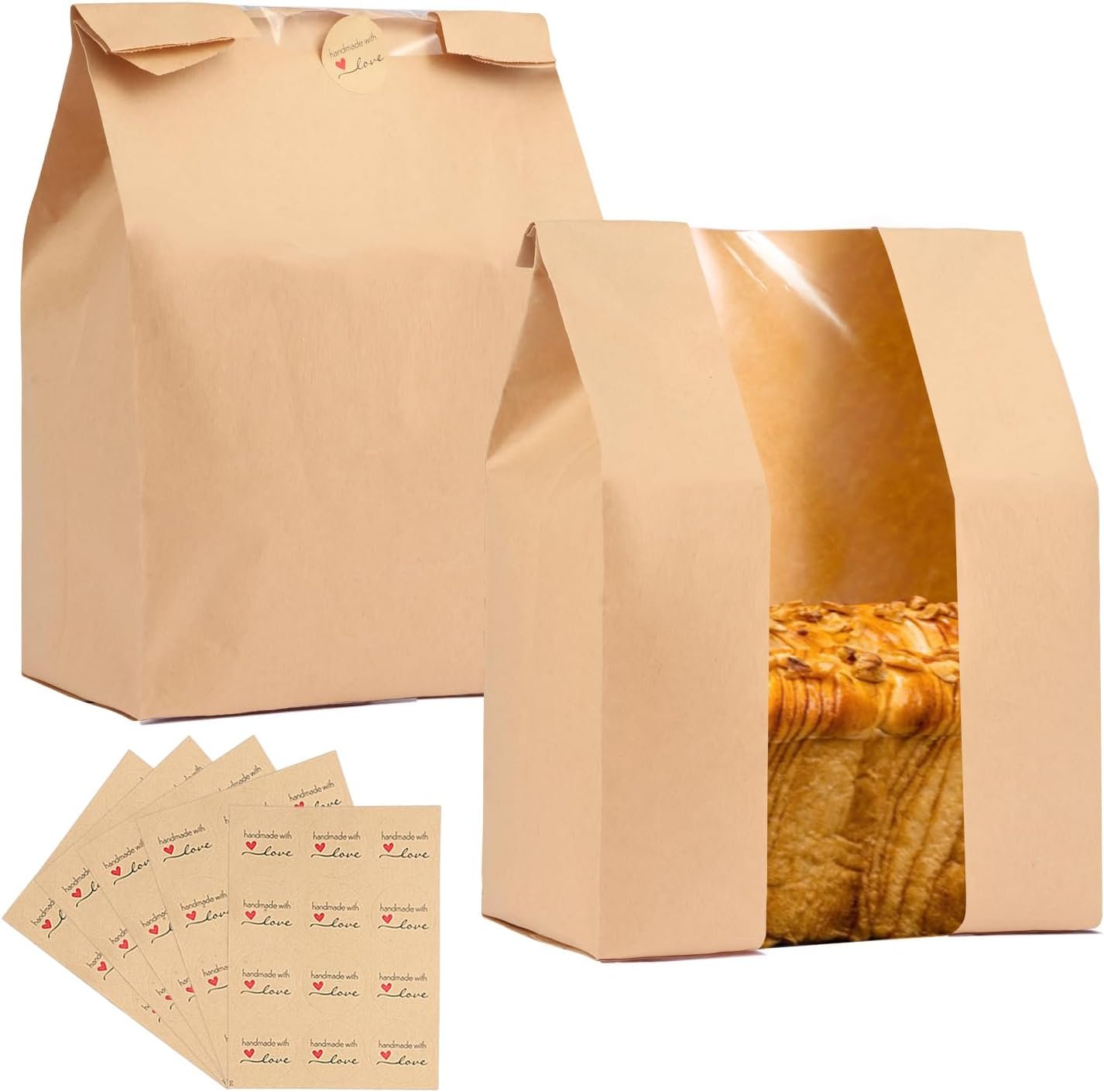 100 Pack Bread Bags for Homemade Bread,Thicker Sourdough Kraft extra large Paper Bag with Clear Front Window, Storage for Baked Goods Label Seal Sticker Included(14'' X 8.3'' X 3.5'')