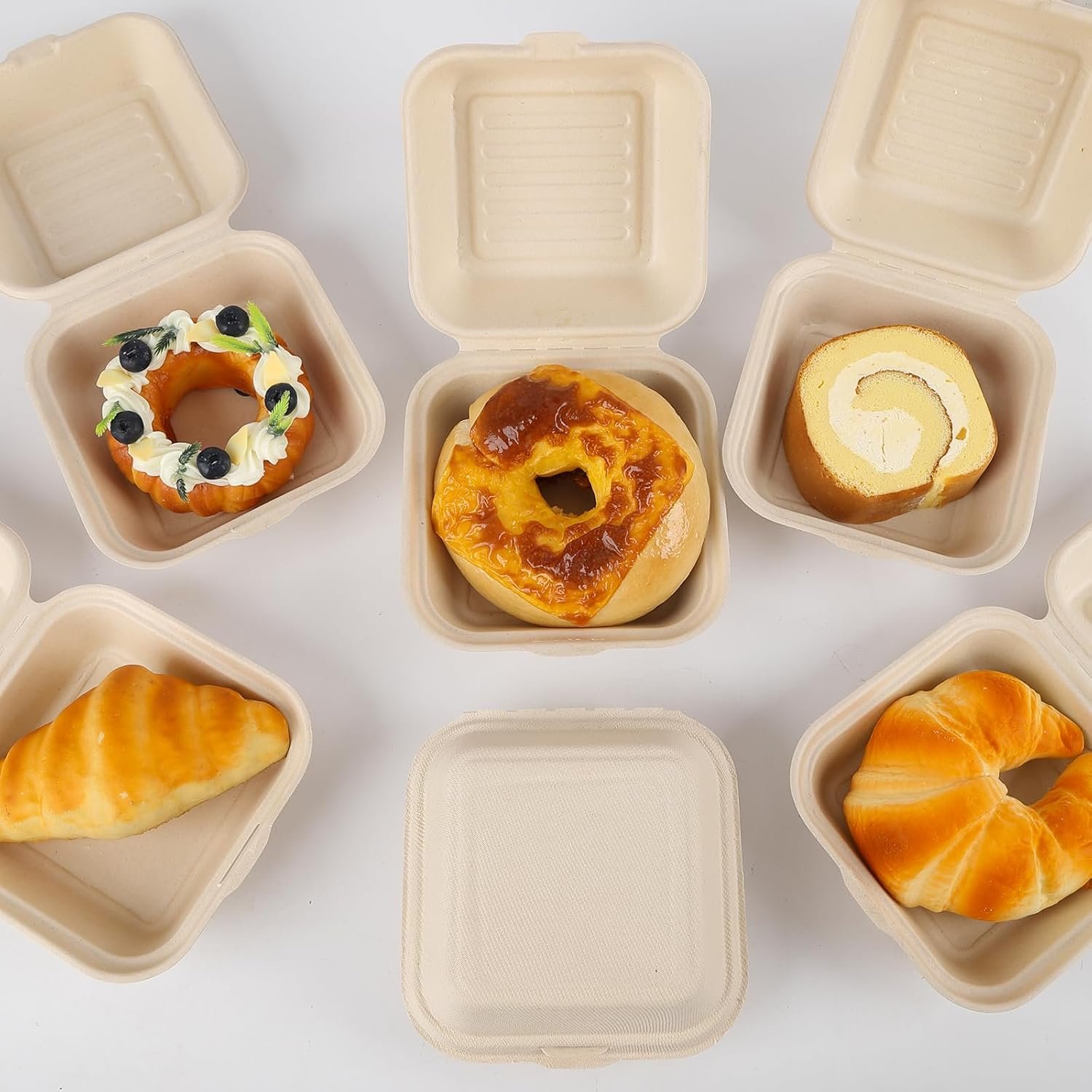 Wholesale 50 Pack 4 x 4 Inch Microwaveable Paper Clamshell Takeout Trays Hinged Food Containers for Burgers Sandwiches Cookies Factory Wholesale 50 Pack 4 x 4 Inch Microwaveable Paper Clamshell Takeout Trays Hinged Food Containers for Burgers Sandwiches Cookies Factory