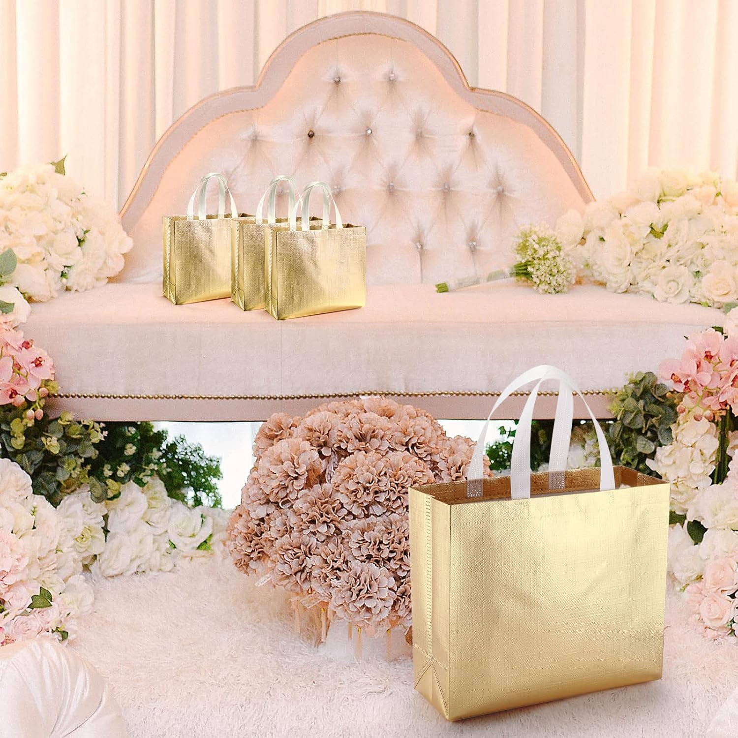 Wholesale 48 Pcs Reusable Gold Gift Bags with Handles Non Woven Glossy Grocery Tote Bulk Bridesmaid Totes for Wedding Christmas Baby Shower Birthday Party Factory